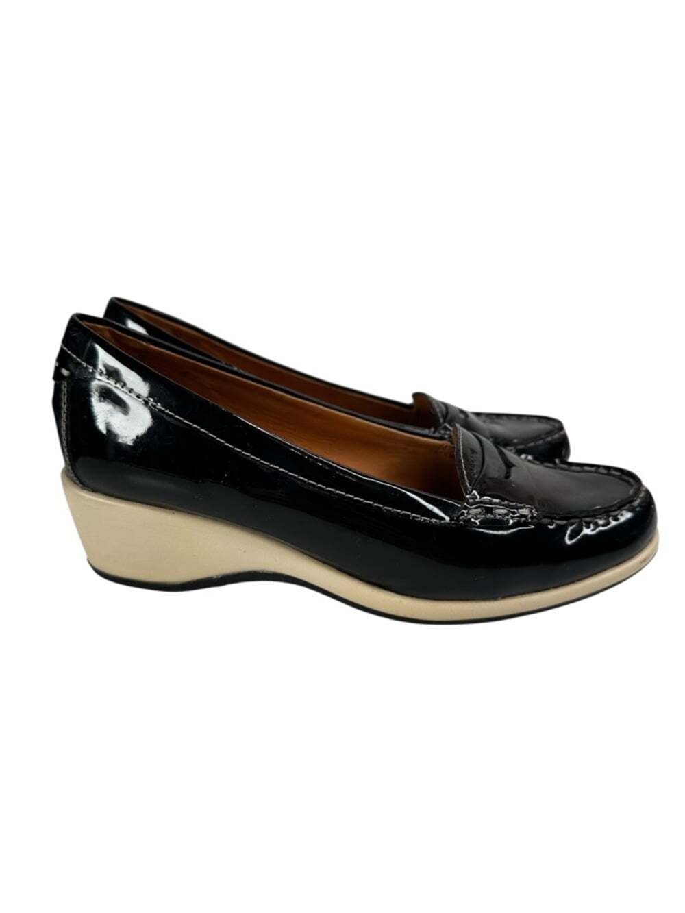 Geox Black Patent Leather Wedge Loafers Comfort Slip On Euro 36 Penny Shoes